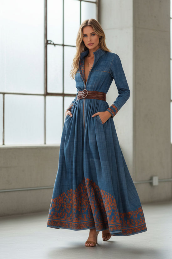 Color-blocked Floral Patterned Stand-up Collar Fitted Waist Casual Long Dress 