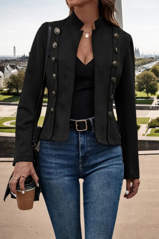 2025 New Women's Fashion Casual Women's Jacket, Solid Color Double Breasted Decorative Jacket, Spring And Autumn Retro Long Sleeve Jacket, Women's Clothing CJ US