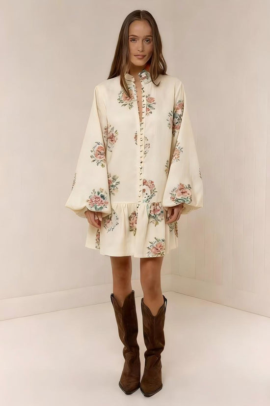 Digital-print Lantern Sleeve Linen Midi Dress 
