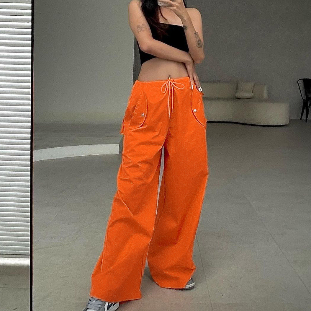 Solid-color Lace-up Loose-fitting Straight-leg Work Pants 