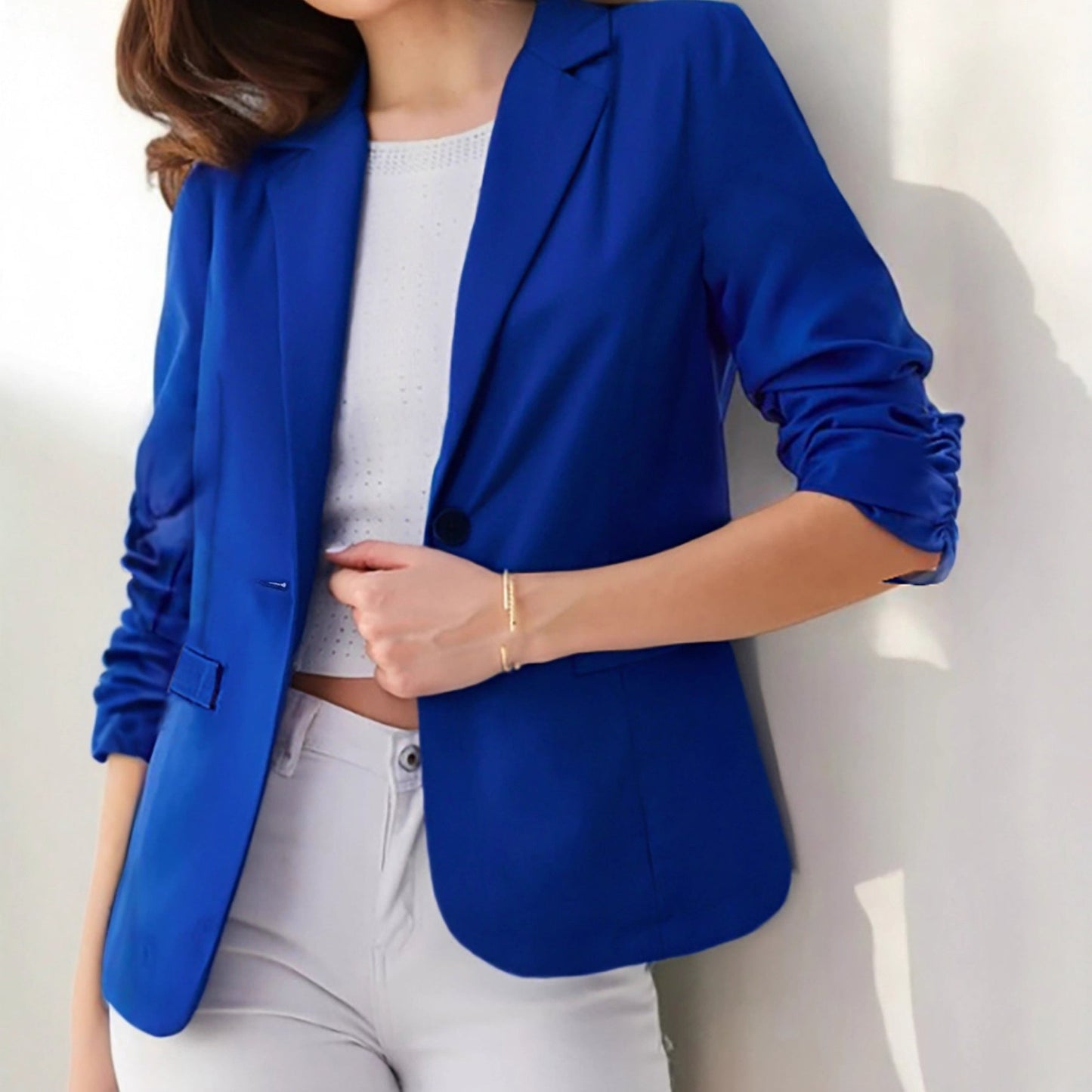 Three-quarter-sleeve Pleated Slim-fit Womens Office Blazer 