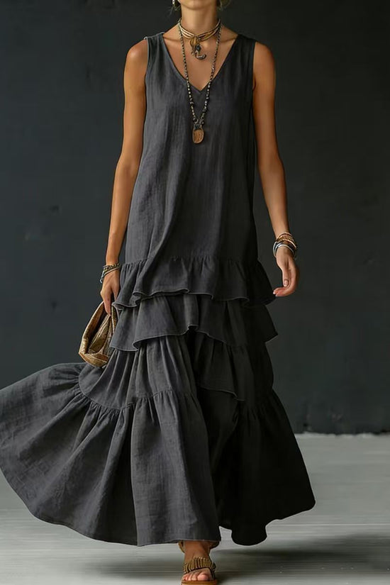 Solid-color Womens Loose-fitting Full-skirted Sleeveless Dress 