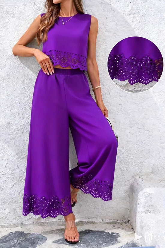 Fashionable Resort-Style Casual Hollow-Out Tank Top And Pants Two-Piece Set 