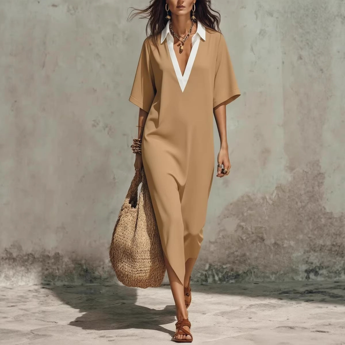 Cross-Border Casual Lazy-Style V-Neck Loose Cropped-Sleeve Dress Linen Texture Relaxed Vacation-Ready 