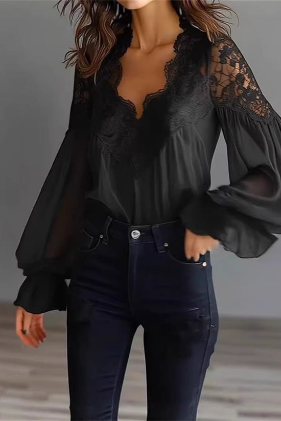 Lace-panelled Ruffled Puff-sleeve Pleated Shirt 
