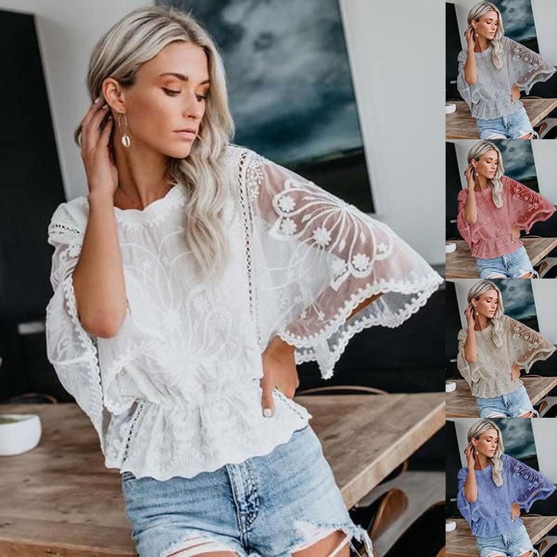 Womens New Arrival Lace Trim Top Short-Sleeve Shirt Loose Batwing Sleeve 