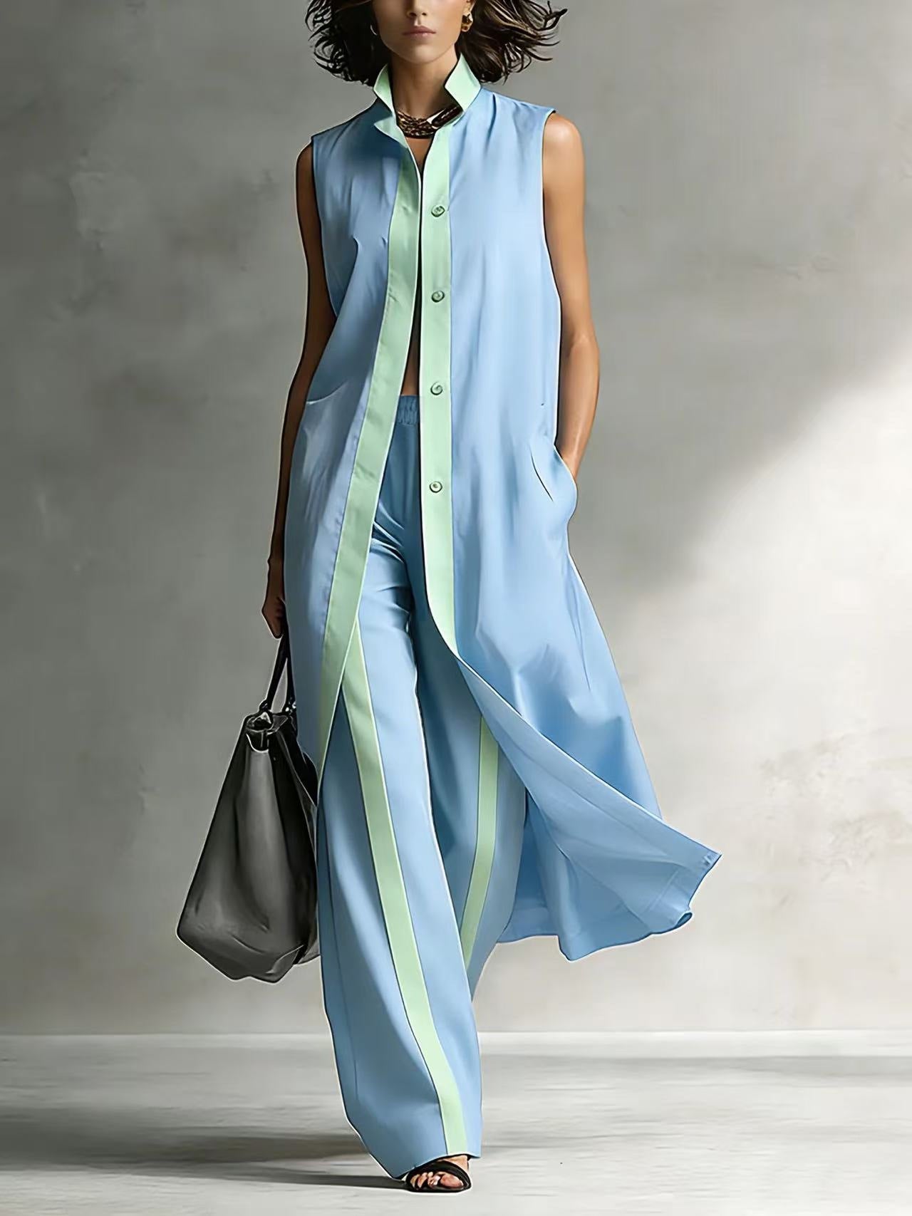 Color blocking loose vest cardigan pants set 