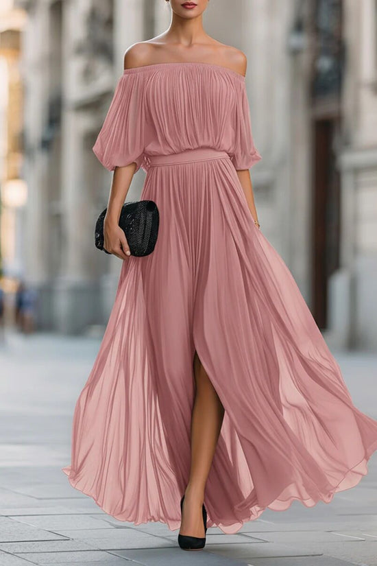 New Black Chiffon Maxi Dress with Split, One-Shoulder Design, Flowing and Draping Skirt 