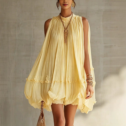 Sleeveless Pleated Mini Dress for Women, Loose A-Line Skirt with Ruffled Hem, Gathered Pleats, Casual Vacation Style, Flared Silhouette, Sweet Baby Doll Dress 