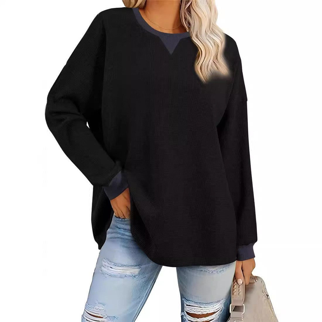 Women's Fashion Round-Neck Color-Block Long-Sleeve Sweatshirt 