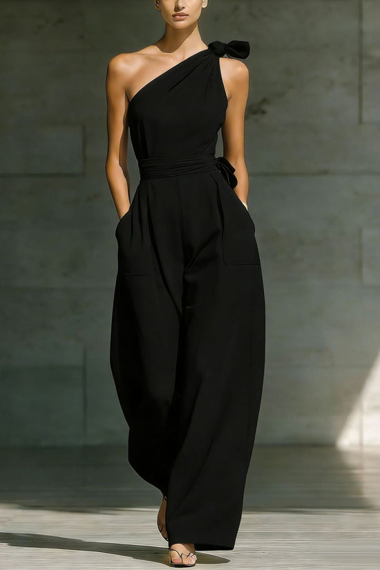 Loose-fitting Sleeveless Off-shoulder Belted Jumpsuit 