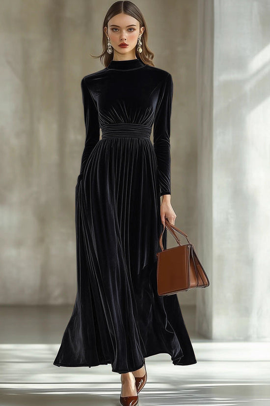 Women's New Autumn/Winter Velvet Long Sleeve Dress, Waist-Cinching Slimming Elegant Maxi Skirt, Graceful Style 