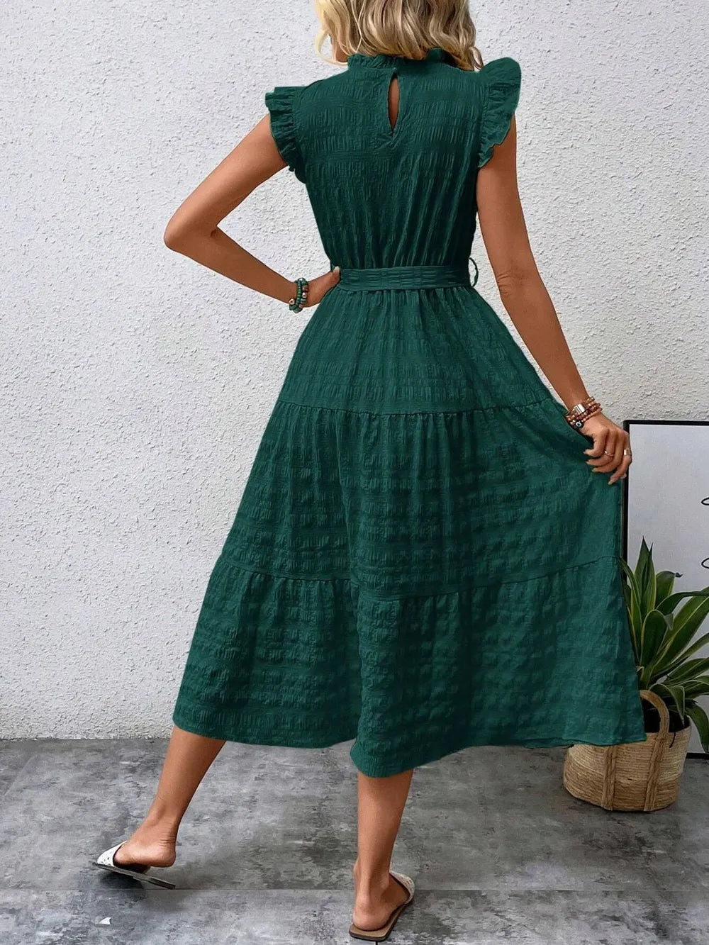Tied Ruffled Cap Sleeve Midi Dress 