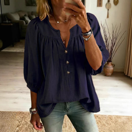 Three-quarter-sleeve Buttoned Casual Loose-fit T-shirt 