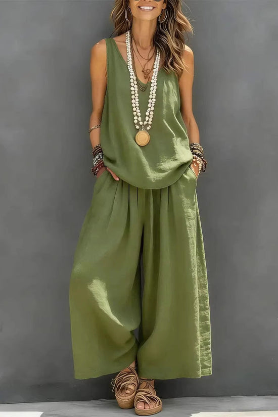 Womens Solid-Colored Casual Sleeveless Tank Top And Wide-Leg Pants Cotton-Linen Set 