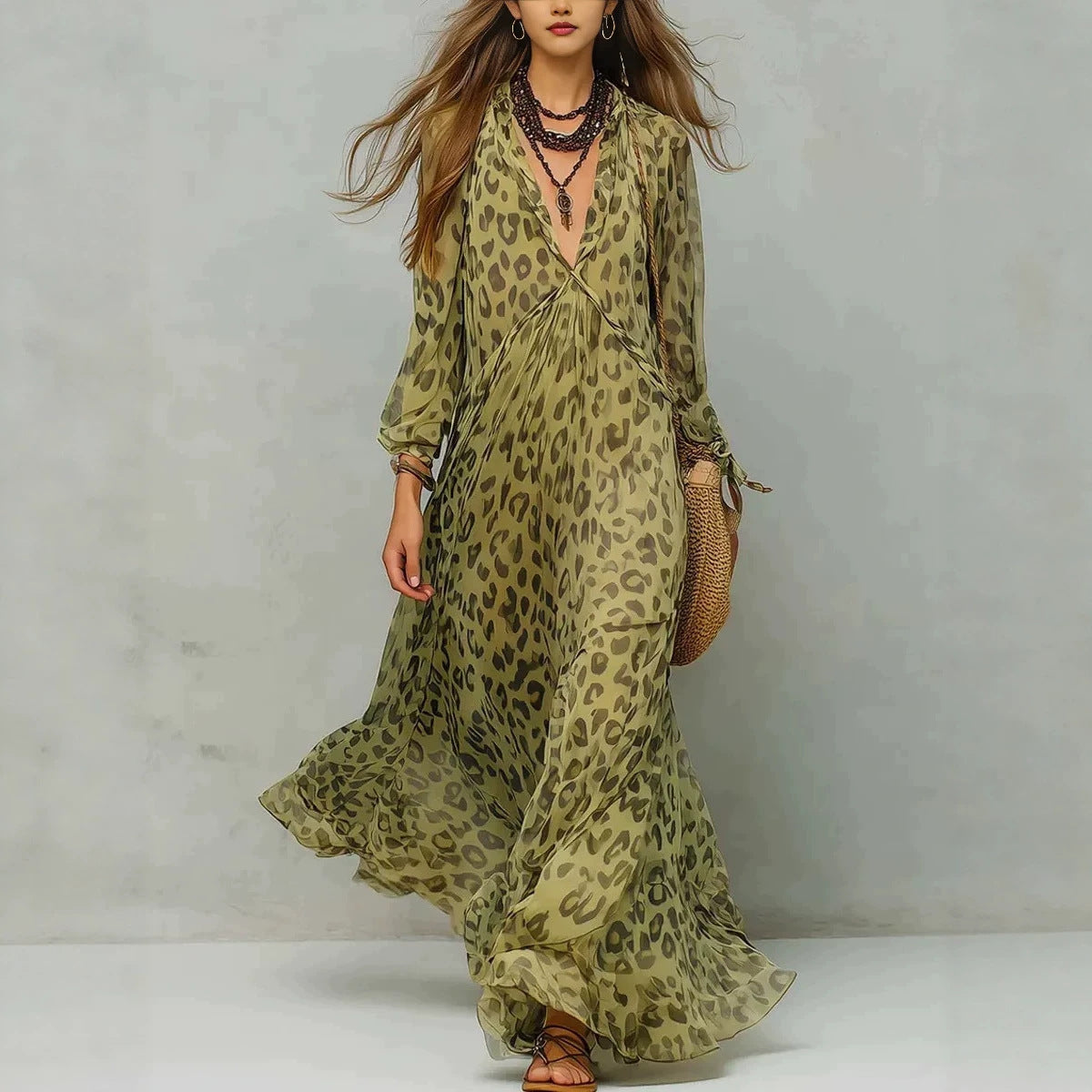 Leopard Print Chiffon Long Dress Deep V-Neck Three-Quarter Sleeve Flared Beach Vacation Dress 