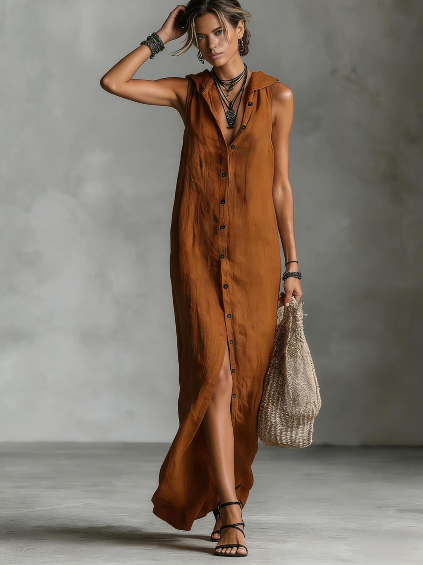 Sleeveless hooded breasted dress 