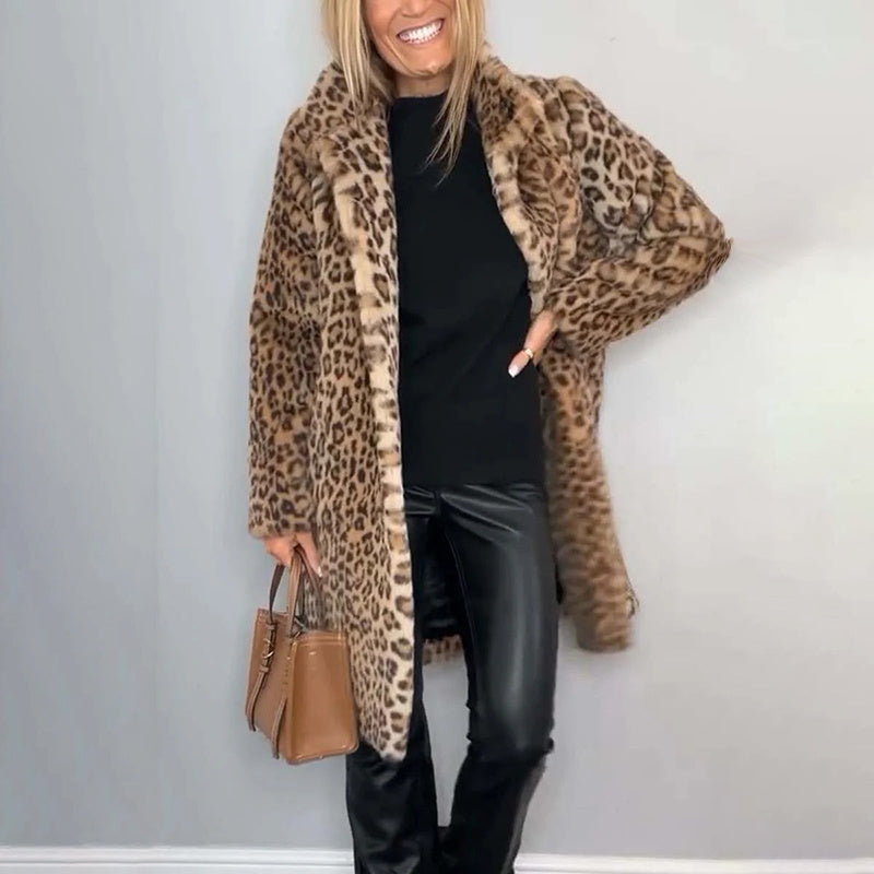 Women's Leopard Print Plush Jacket, Cozy Loose-Fit Warm Coat Elegant Medium-Length Fall Winter Outwear CJ US