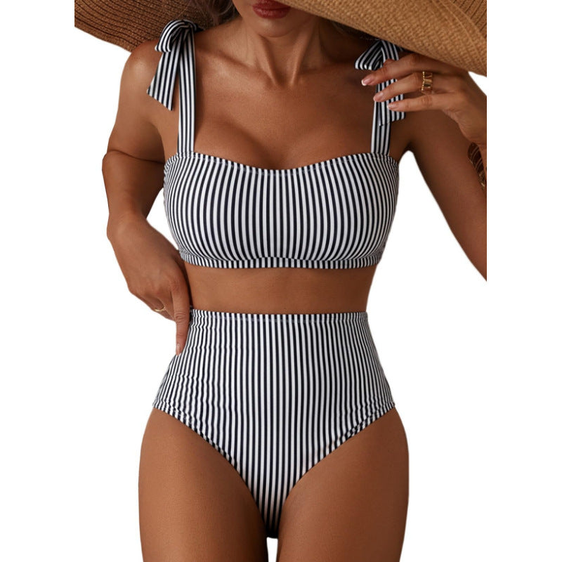 Women's Striped Bikini Set with Tie-Shoulder Design, High-Waisted Two-Piece Swimsuit 