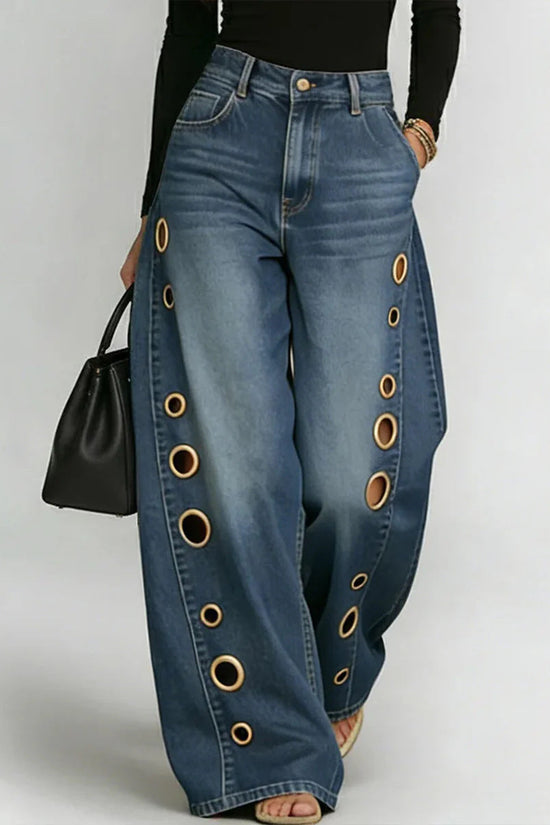 New jeans for women, metal eyelet design, casual loose high-waisted wide-leg jeans 