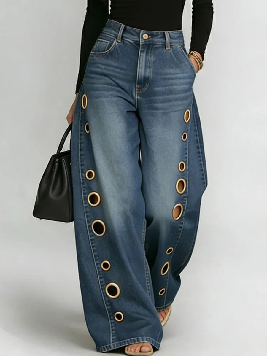 New jeans for women, metal eyelet design, casual loose high-waisted wide-leg jeans 