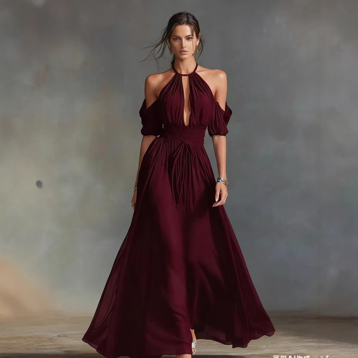 Womens Solid-Colored Halter Maxi Dress 