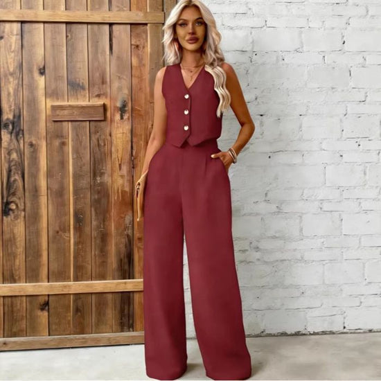 Womens Fashion Plus-Size Buttoned Vest Set 