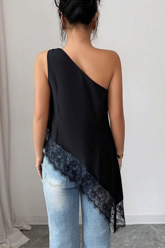 Slanted shoulder metal buckle lace patchwork irregular loose vest for women 
