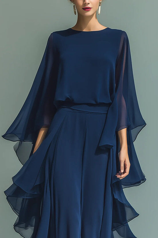 Deep Blue Ruffle Wide-Leg Pants Set for Women, Fashion Elegant Two-Piece Long Sleeve Casual Pants 
