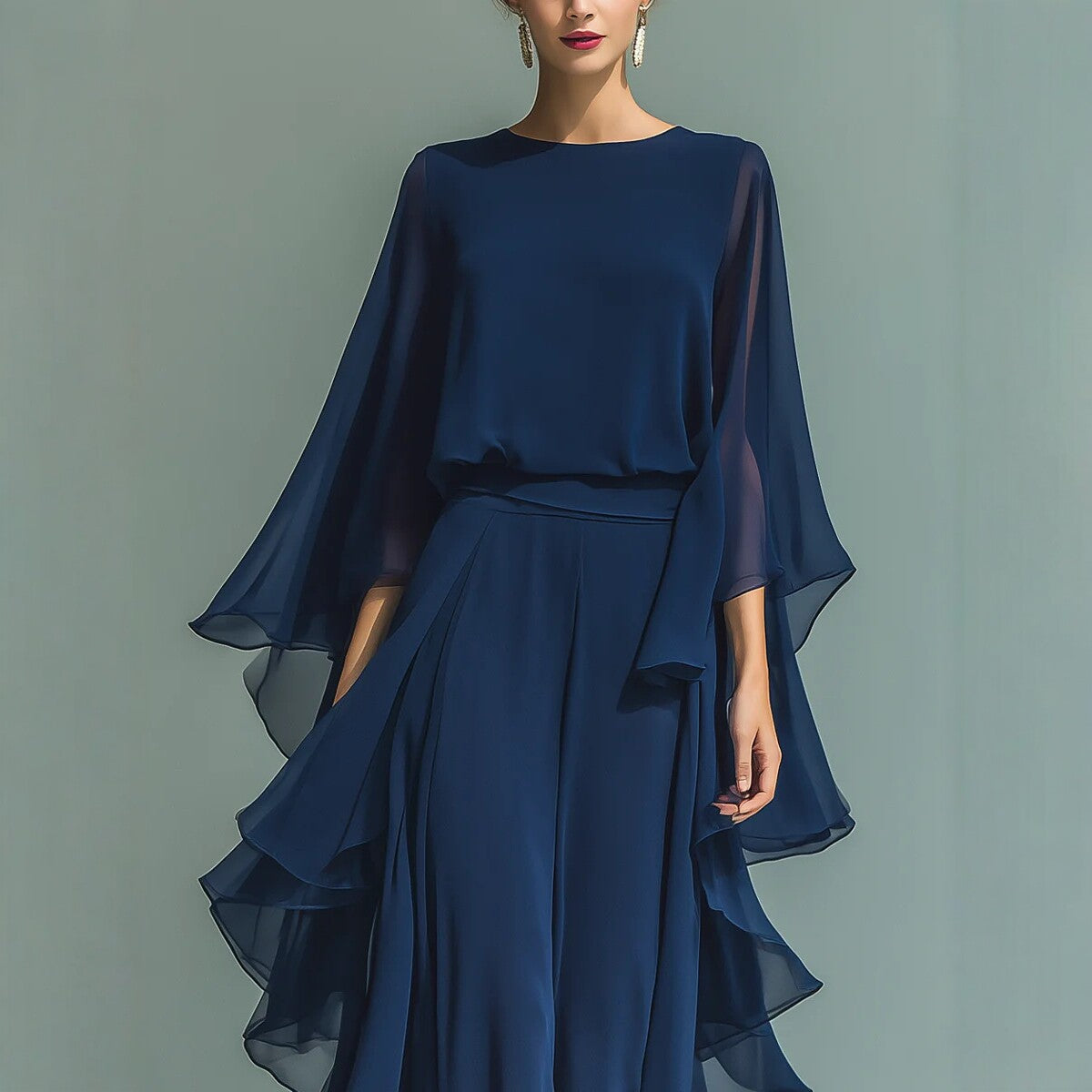 Deep Blue Ruffle Wide-Leg Pants Set for Women, Fashion Elegant Two-Piece Long Sleeve Casual Pants 
