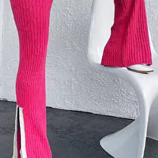 Women's Casual Color-Block Two Piece Set, Long Sleeve Crop Top With Slim Slit Pants, Spring&Autumn Comfort Outfit 