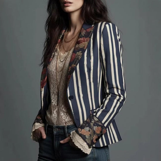 Women's Bohemian Color-Block Striped Blazer 