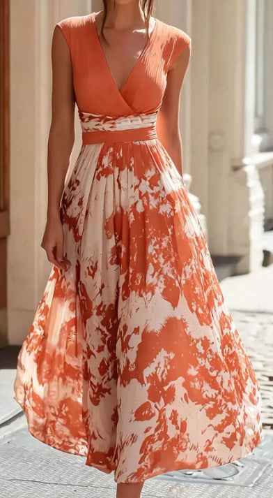 Elegant Long Sleeveless V-Neck Blue and White Porcelain Print Dress Summer Formal Dress 