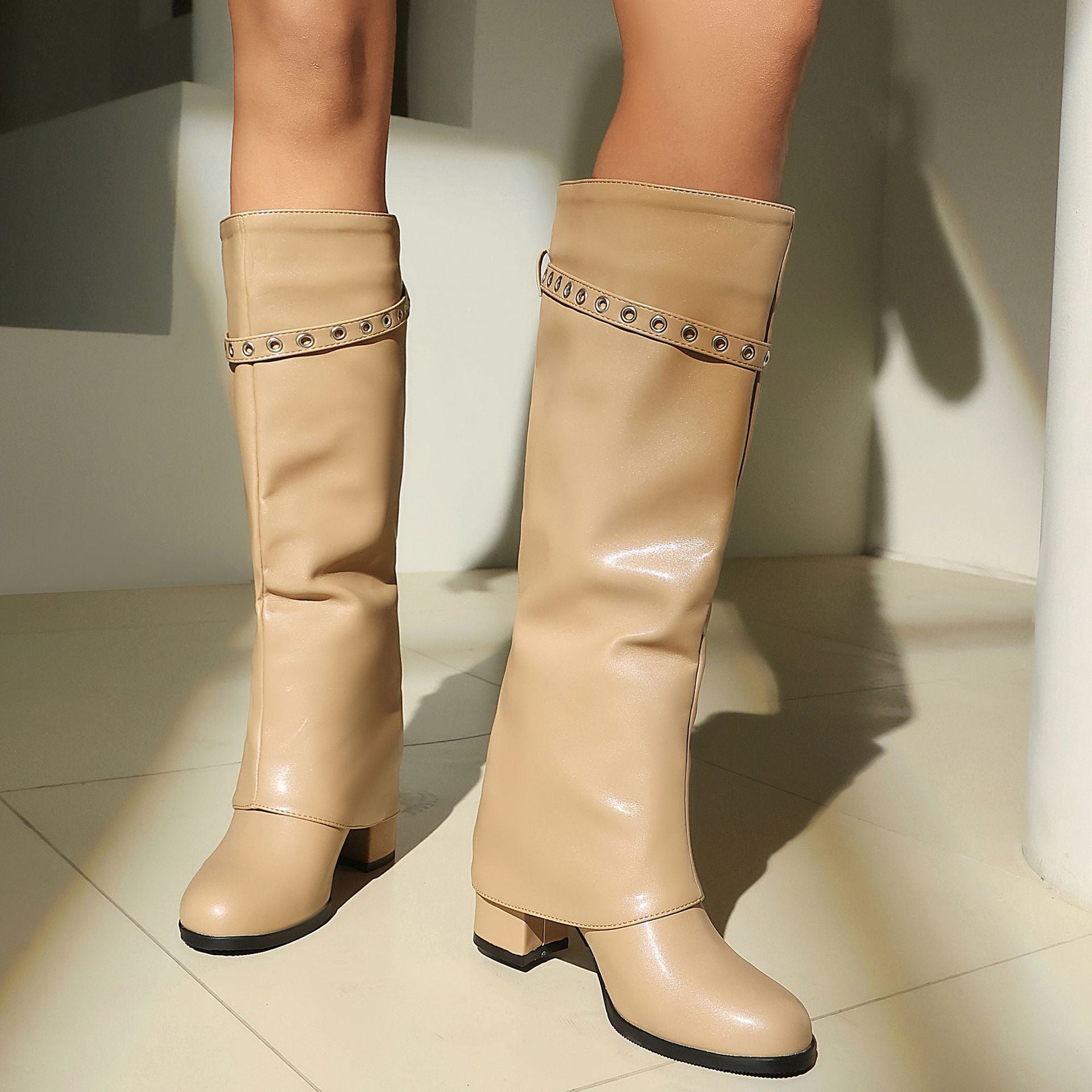 High Heel Chunky Large Size Slip-On Combat Boots for Women 
