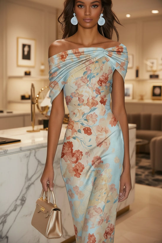 Digital Print Off-Shoulder Short Sleeve Floral Elegant Long Dress 