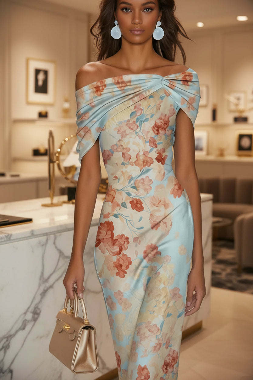 Digital Print Off-Shoulder Short Sleeve Floral Elegant Long Dress 