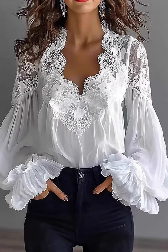 Lace-panelled Ruffled Puff-sleeve Pleated Shirt 