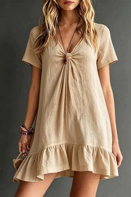 Womens Solid-Color V-Neck Short-Sleeve Casual Dress 