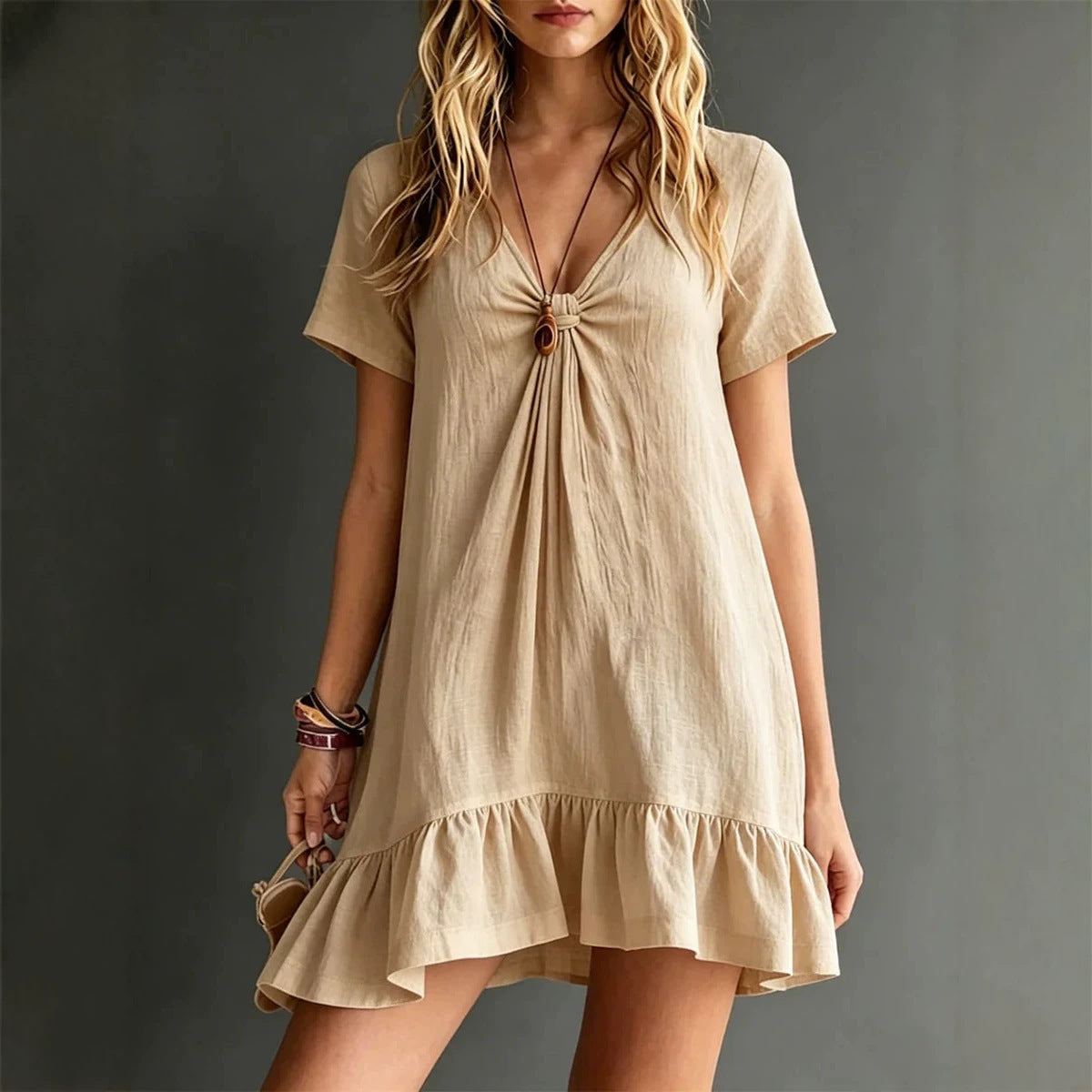 Womens Solid-Color V-Neck Short-Sleeve Casual Dress 