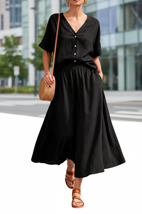 Cotton-linen V-neck Button-up Short-sleeve Top And Skirt Set 