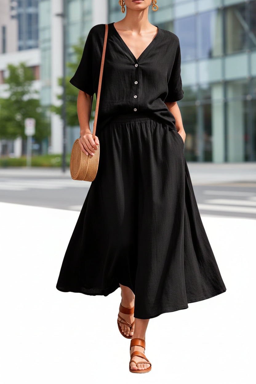 Cotton-linen V-neck Button-up Short-sleeve Top And Skirt Set 