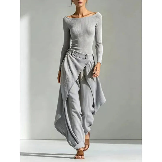 Women's Off-Shoulder Slim Top & Draped Wide Leg Pants Two-Piece Set 