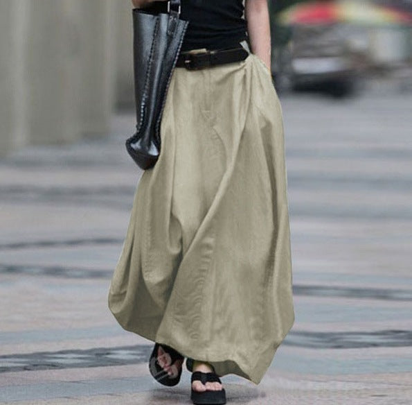Womens Solid-color High-waisted Long Skirt 