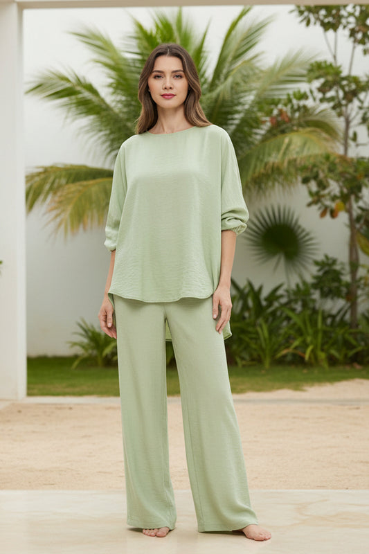Solid color loose casual suit wide leg pants two-piece set 