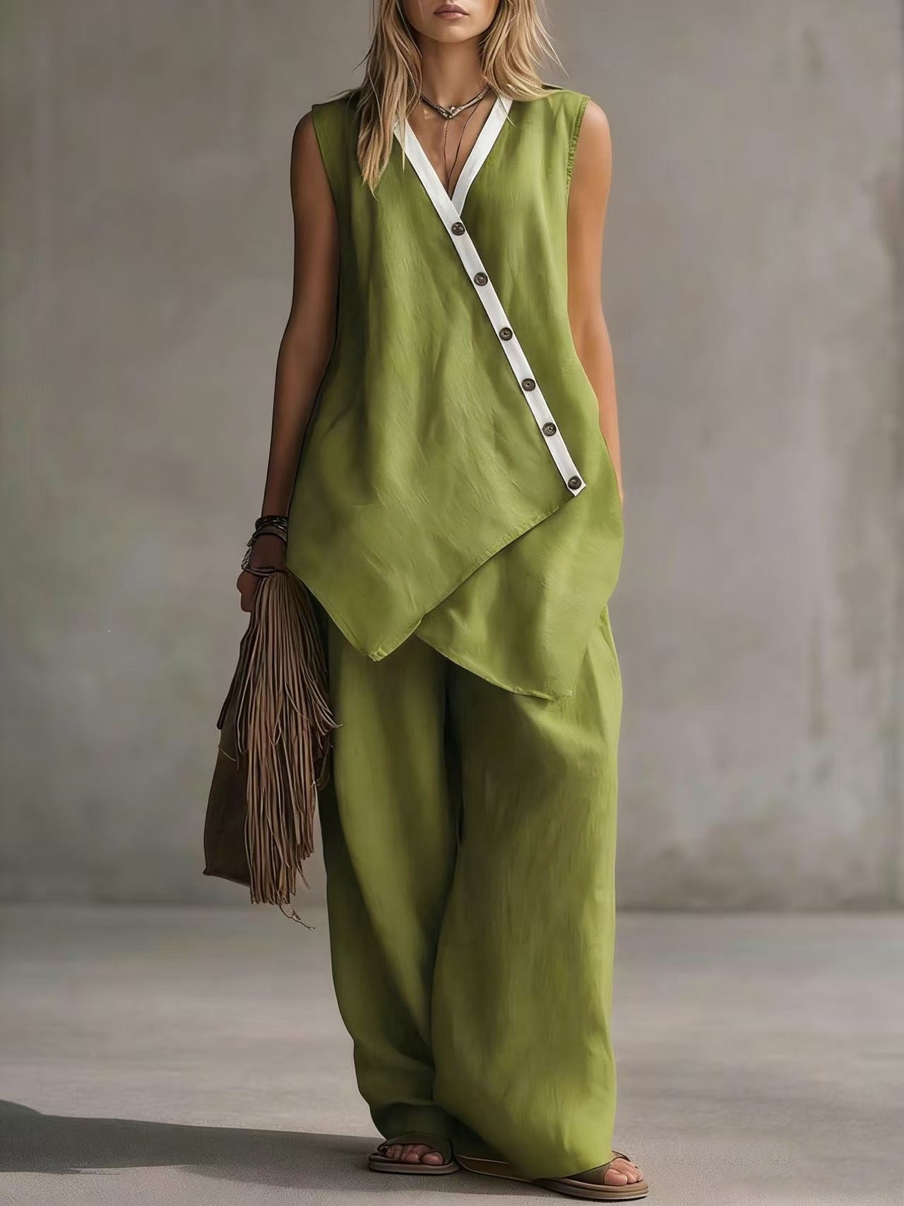 Bohemian Solid-Colored V-Neck Irregular-Button Vest And Wide-Leg Pants Set 