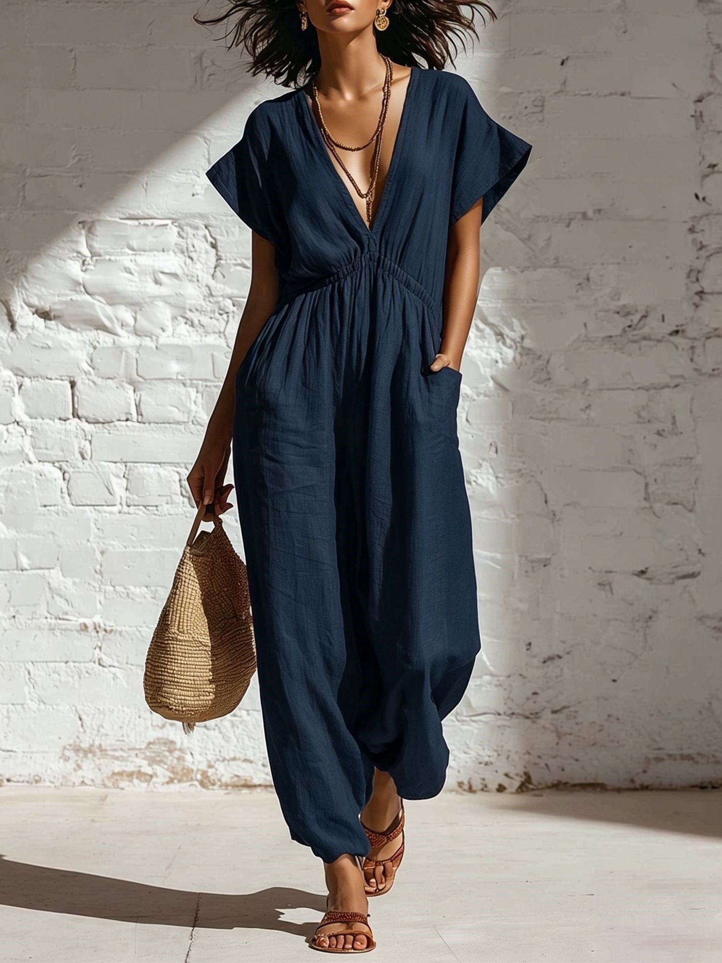 Deep V-neck loose fit pants for women 