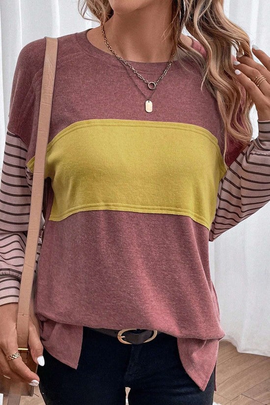 Women's casual color-blocked striped long sleeve round neck pullover t-shirt 