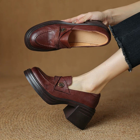 Vintage Womens Chunky-heeled Leather Shoes 
