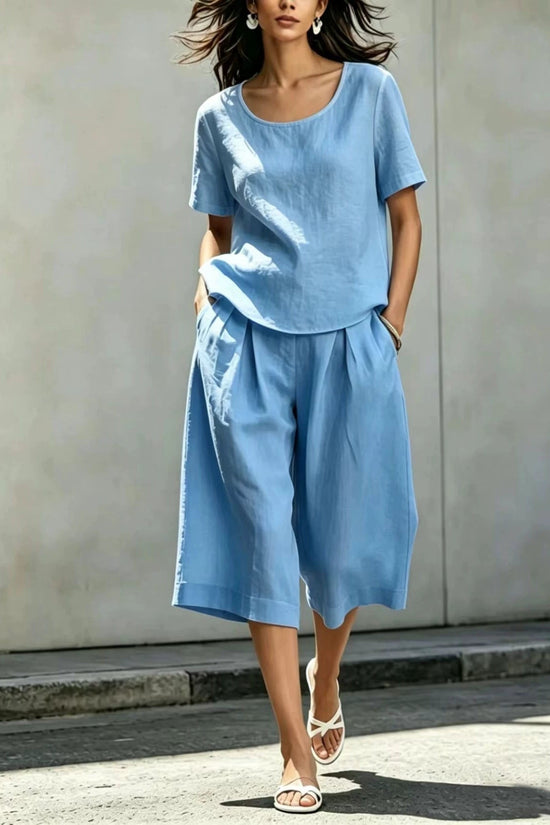 Cotton-linen Casual Loose-fitting Short-sleeve Top And Shorts Set 