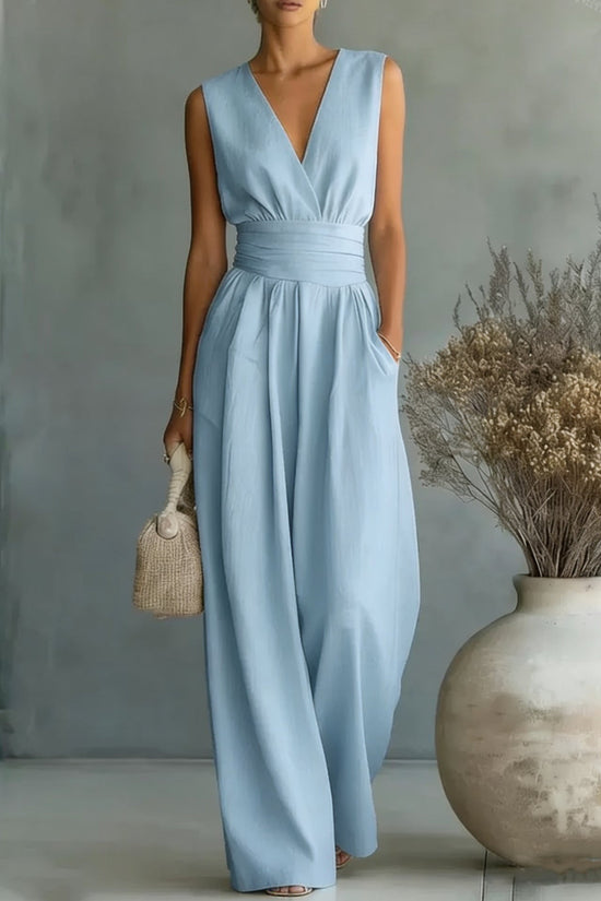 Womens Elegant Sleeveless Waist-Cinching V-Neck Sophisticated Jumpsuit 